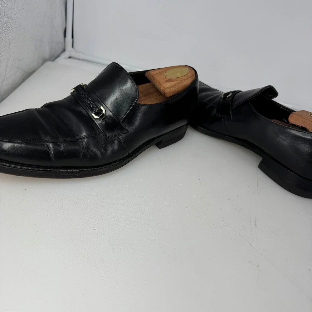 Vintage Florsheim Bit Loafers Men 9.5 D Black Leather Braided Strap Dress Shoes